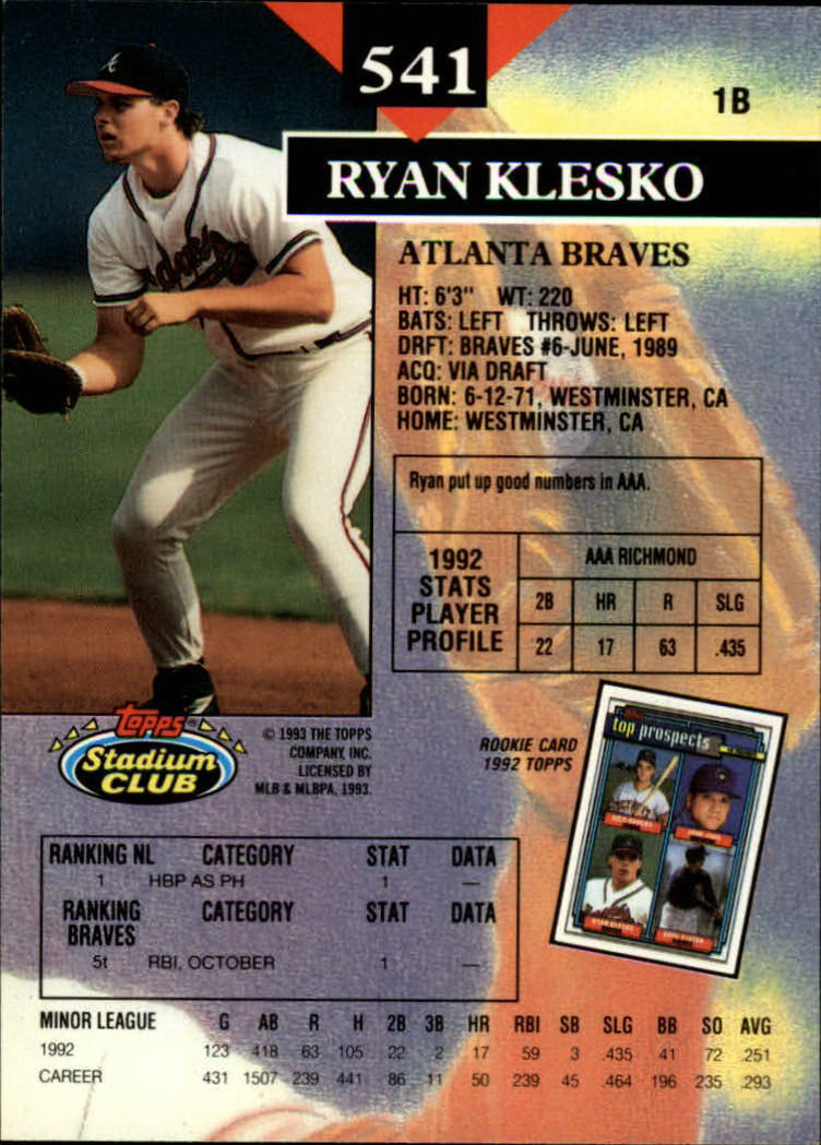 1993 Stadium Club #541 Ryan Klesko back image