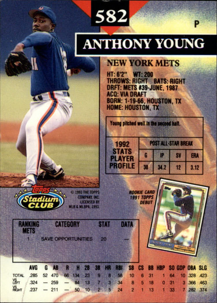 1993 Stadium Club #582 Anthony Young back image