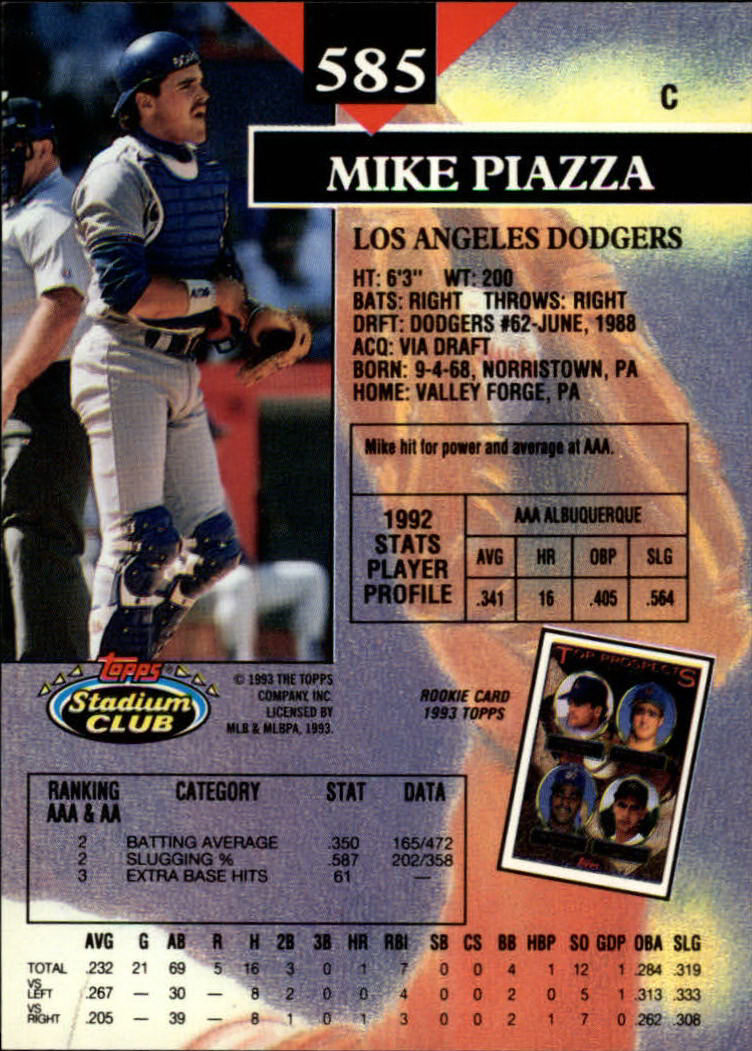 1993 Stadium Club #585 Mike Piazza back image
