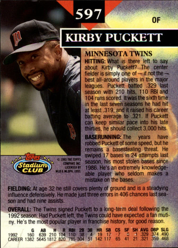 1993 Stadium Club #597 Kirby Puckett MC back image
