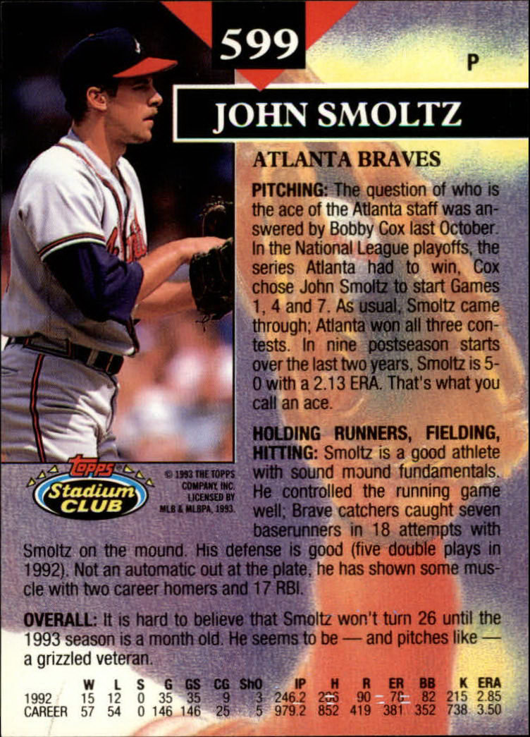 1993 Stadium Club #599 John Smoltz MC back image
