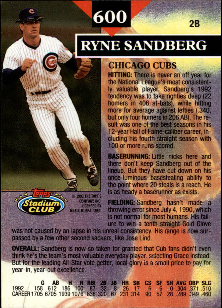 1993 Stadium Club #600 Ryne Sandberg MC back image