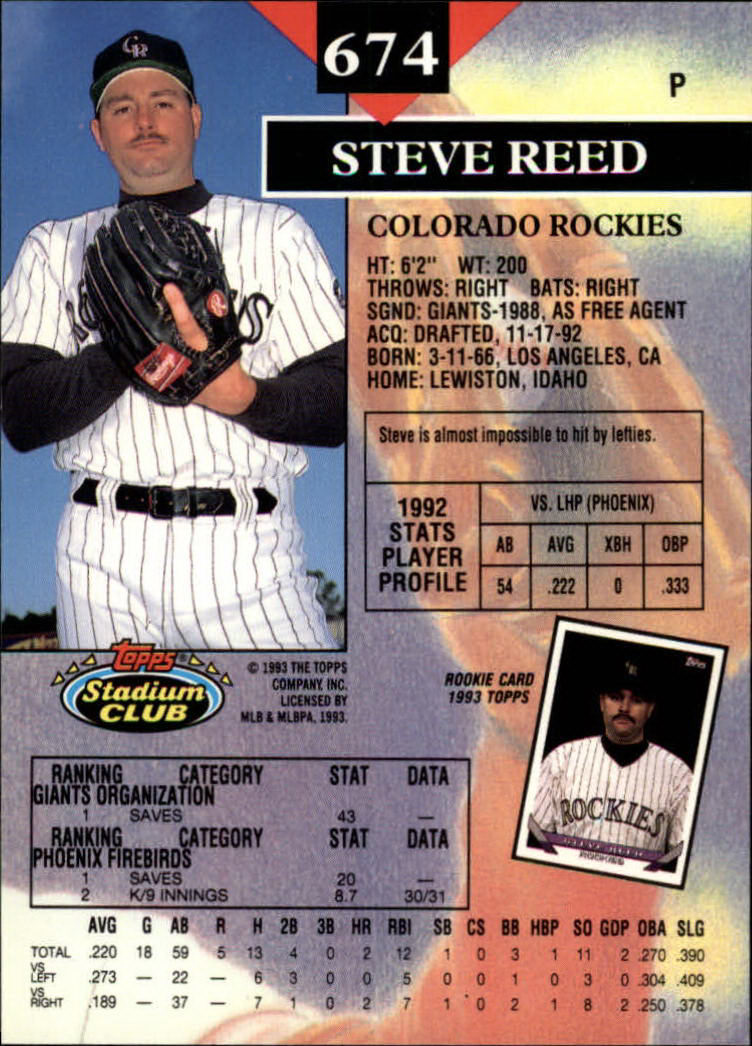1993 Stadium Club #674 Steve Reed RC back image
