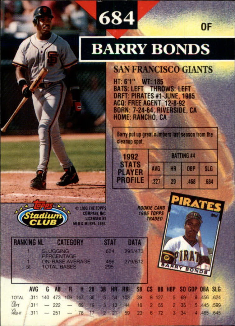 1993 Stadium Club #684 Barry Bonds back image