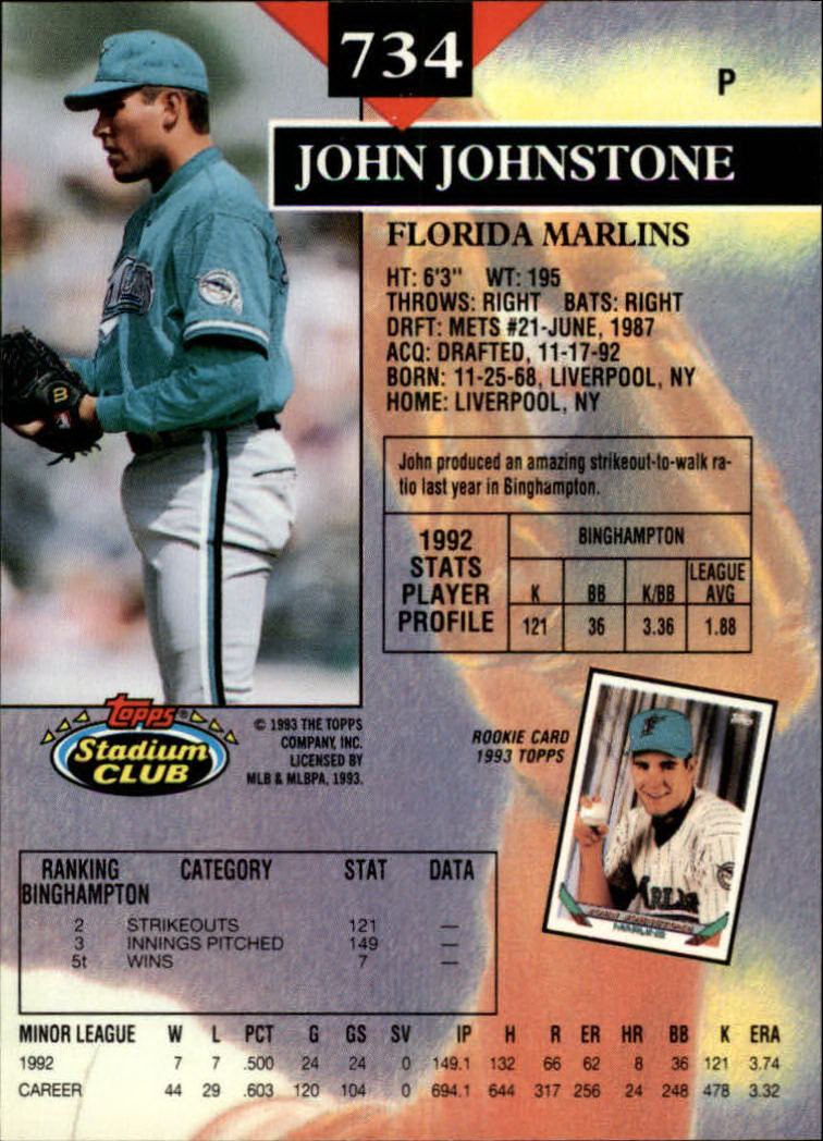 1993 Stadium Club #734 John Johnstone RC back image