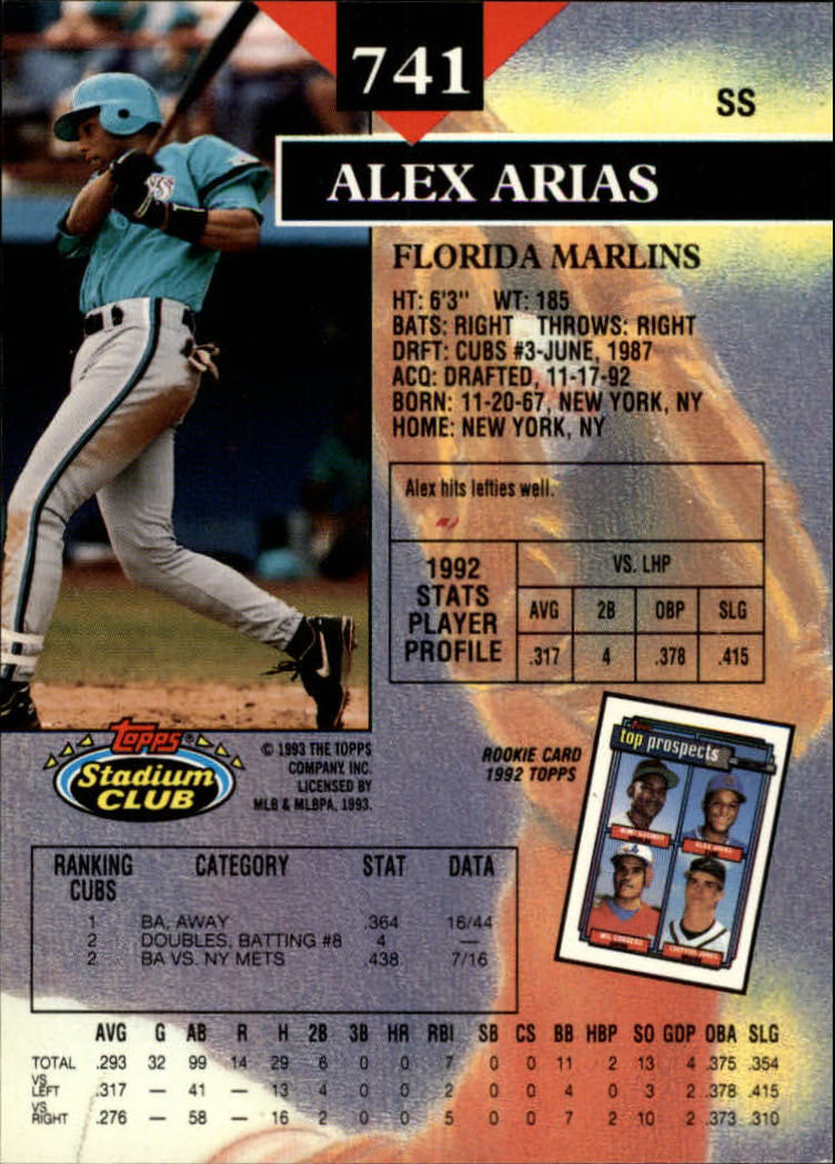 1993 Stadium Club #741 Alex Arias back image