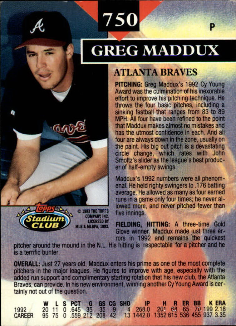 1993 Stadium Club #750 Greg Maddux MC back image