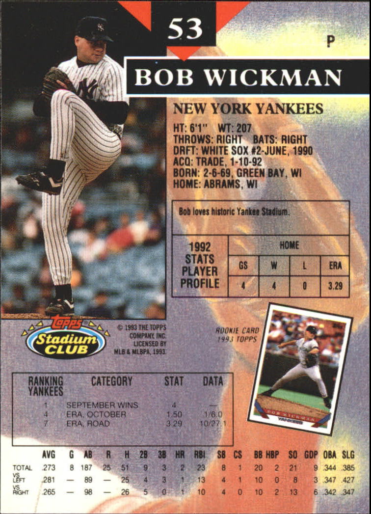 1993 Stadium Club First Day Issue #53 Bob Wickman back image