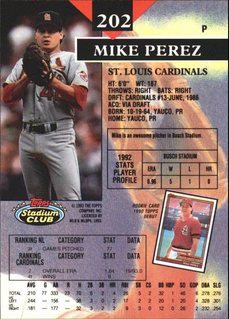 1993 Stadium Club First Day Issue #202 Mike Perez back image