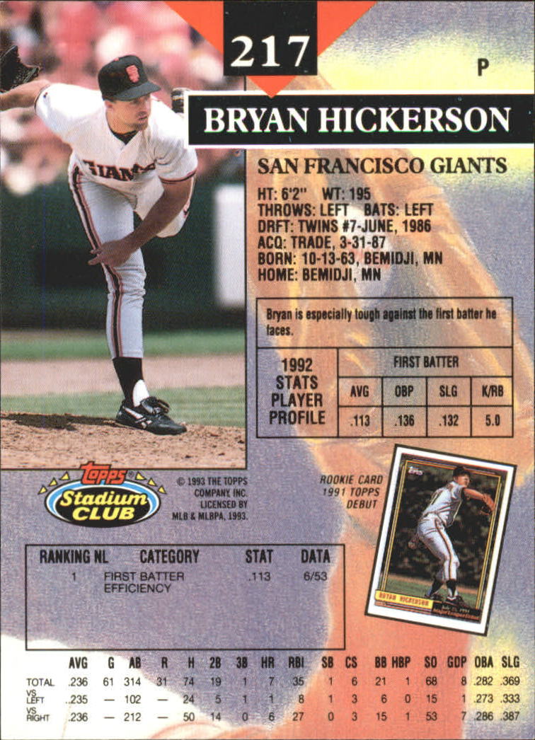 1993 Stadium Club First Day Issue #217 Bryan Hickerson back image