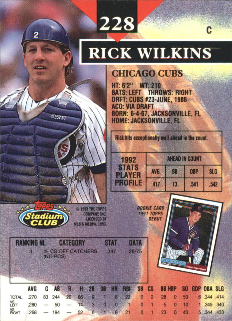 1993 Stadium Club First Day Issue #228 Rick Wilkins back image