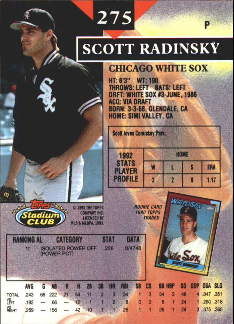 1993 Stadium Club First Day Issue #275 Scott Radinsky back image