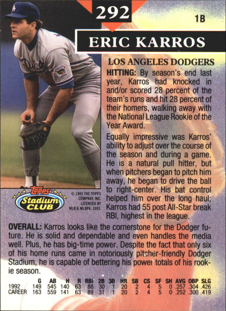 1993 Stadium Club First Day Issue #292 Eric Karros MC back image