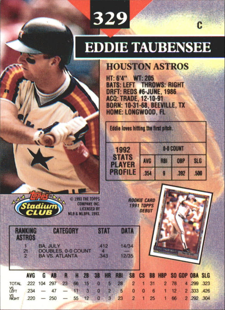 1993 Stadium Club First Day Issue #329 Eddie Taubensee back image