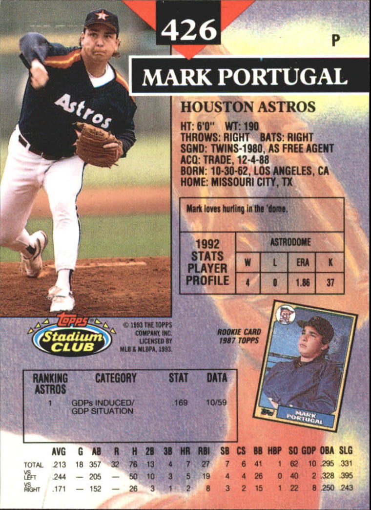1993 Stadium Club First Day Issue #426 Mark Portugal back image