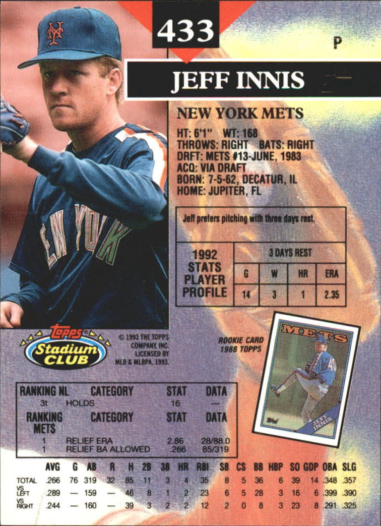 1993 Stadium Club First Day Issue #433 Jeff Innis back image
