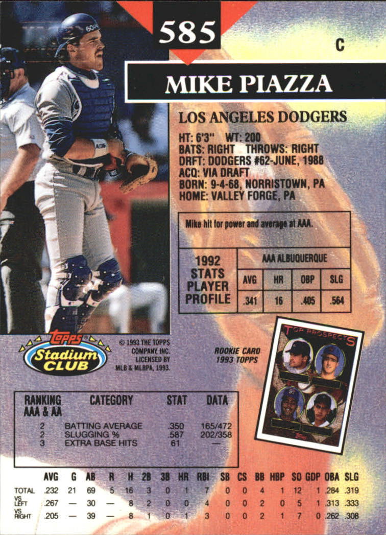1993 Stadium Club First Day Issue #585 Mike Piazza back image