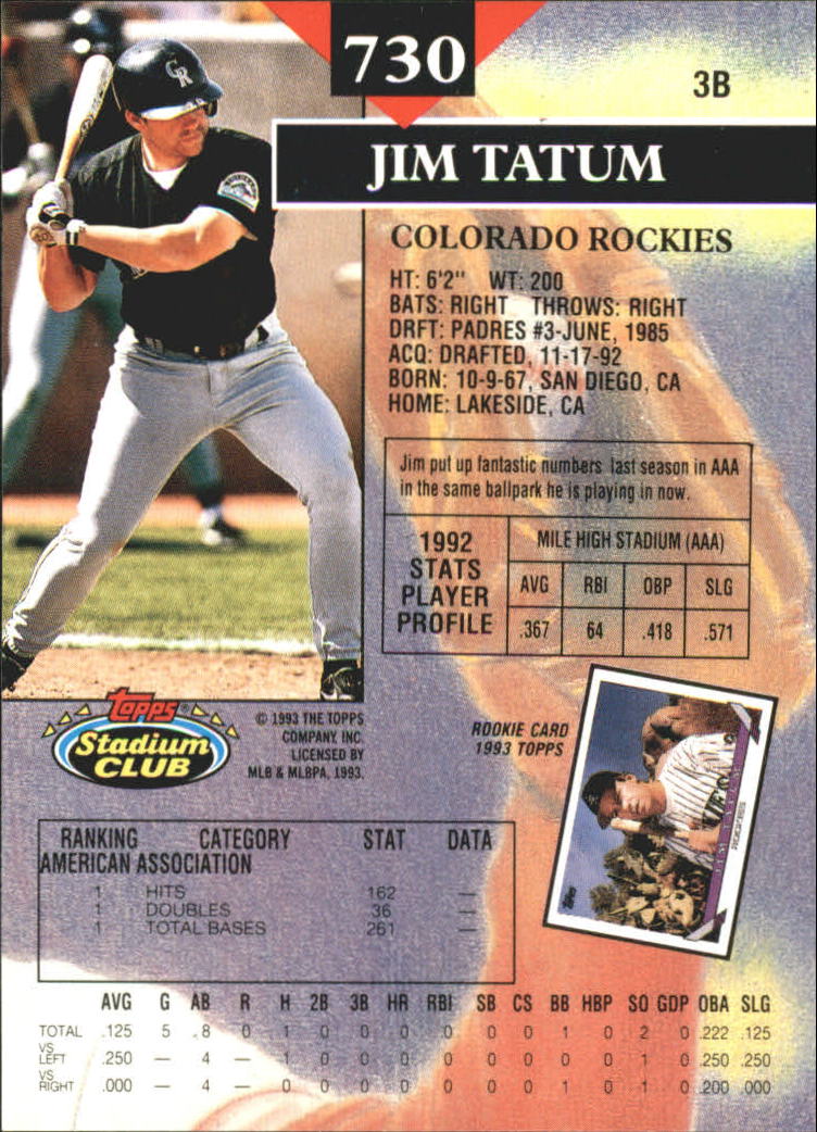 1993 Stadium Club First Day Issue #730 Jim Tatum back image