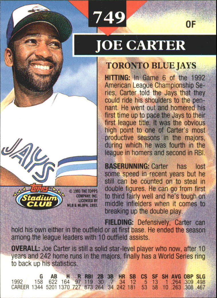 1993 Stadium Club First Day Issue #749 Joe Carter MC back image