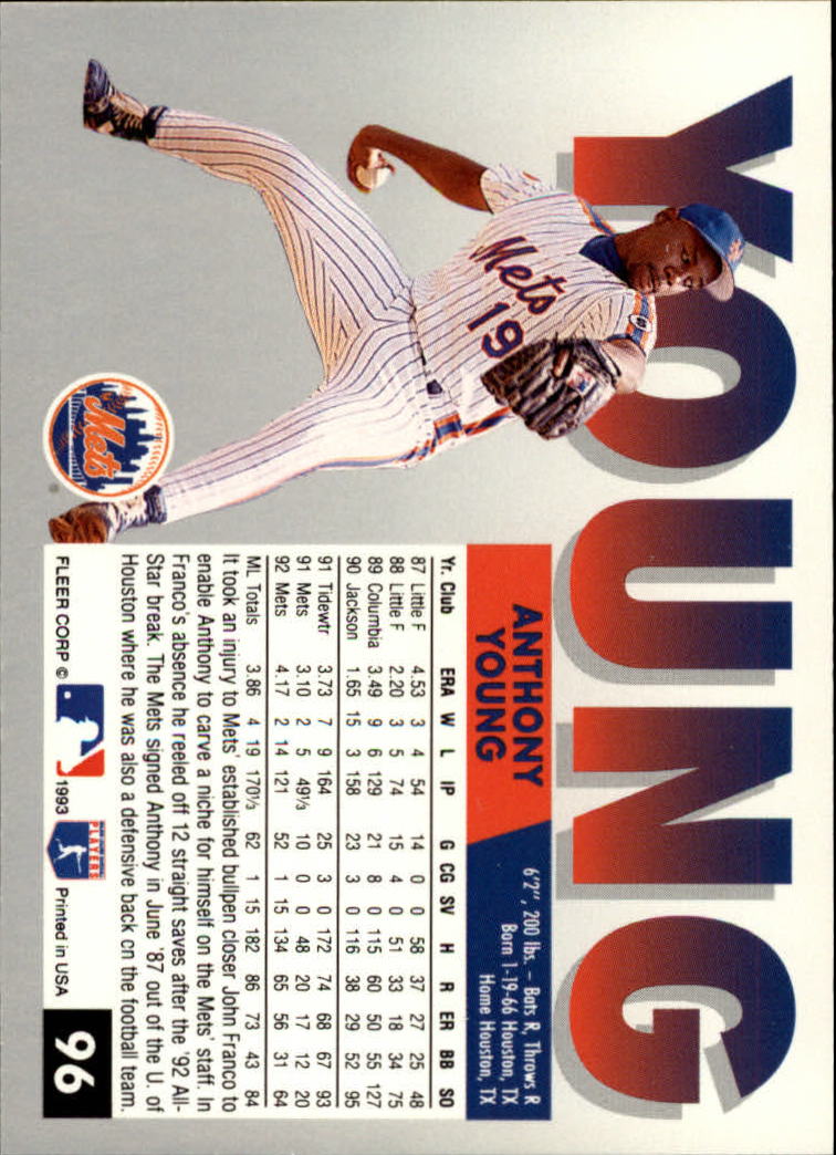 1993 Fleer #96 Anthony Young back image