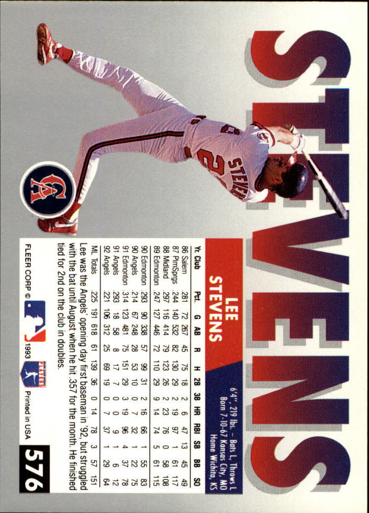 1993 Fleer #576 Lee Stevens back image