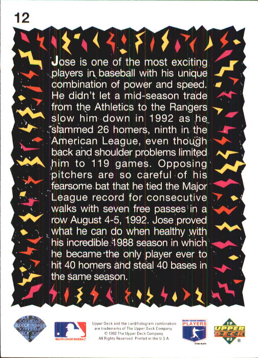 1993 Fun Pack #12 Jose Canseco HS back image