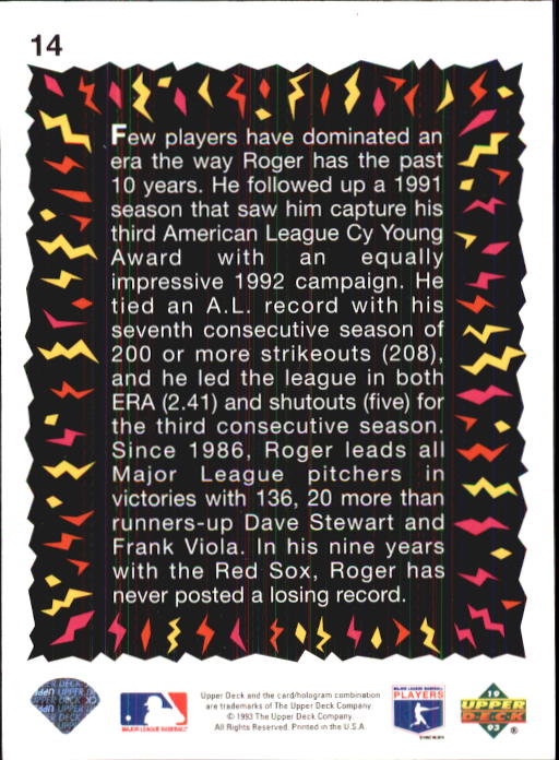 1993 Fun Pack #14 Roger Clemens HS back image