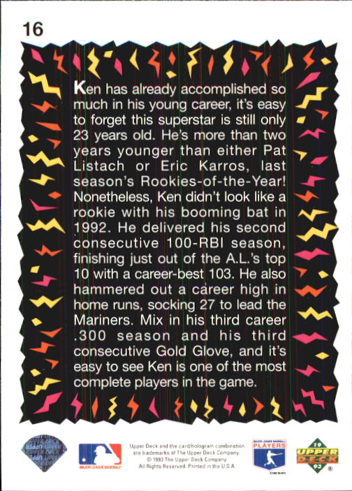 1993 Fun Pack #16 Ken Griffey Jr. HS back image