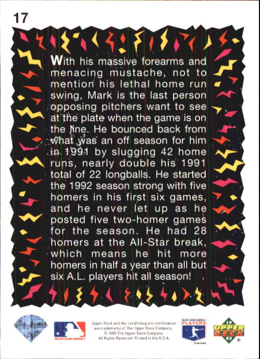 1993 Fun Pack #17 Mark McGwire HS back image