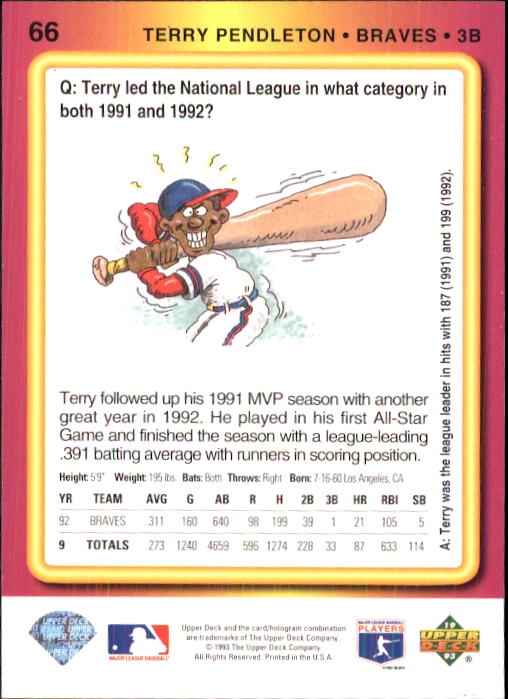 1993 Fun Pack #66 Terry Pendleton back image