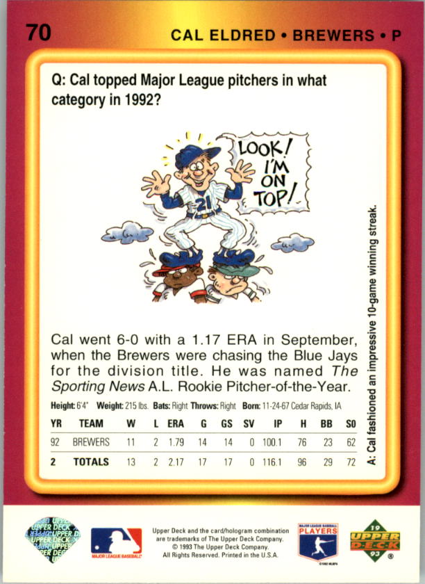 1993 Fun Pack #70 Cal Eldred back image