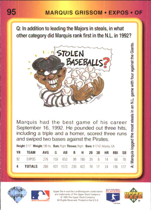 1993 Fun Pack #95 Marquis Grissom back image