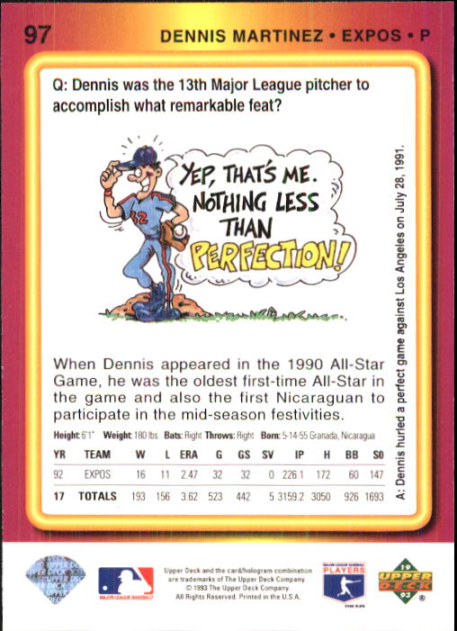 1993 Fun Pack #97 Dennis Martinez back image