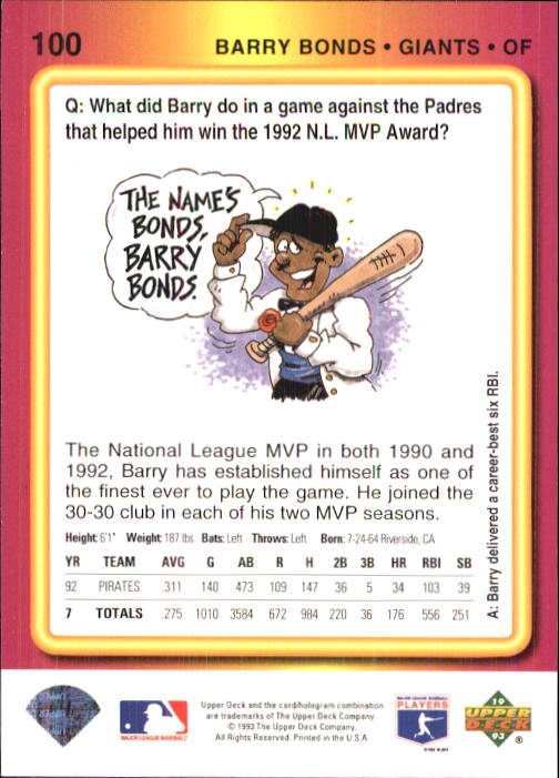1993 Fun Pack #100 Barry Bonds back image