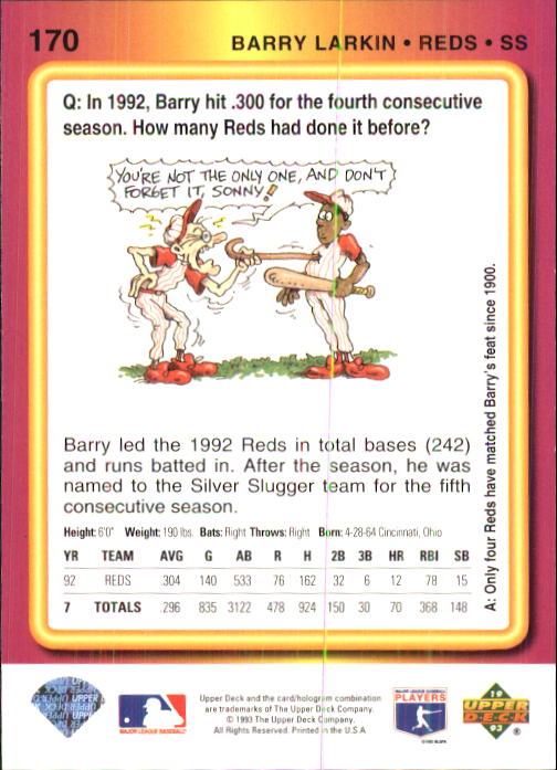 1993 Fun Pack #170 Barry Larkin back image