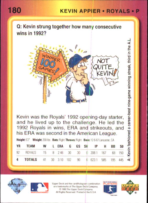 1993 Fun Pack #180 Kevin Appier back image
