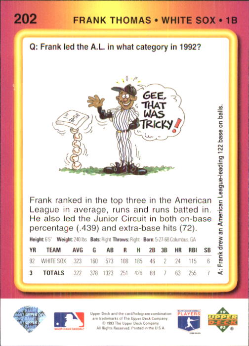 1993 Fun Pack #202 Frank Thomas back image
