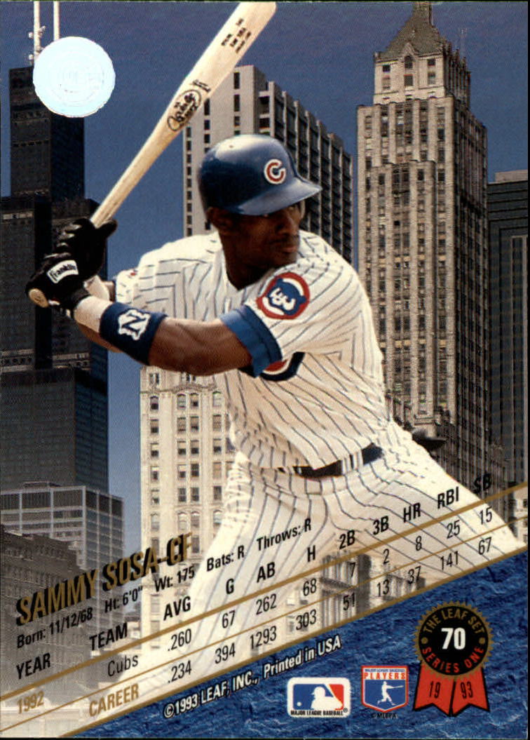 1993 Leaf #70 Sammy Sosa back image