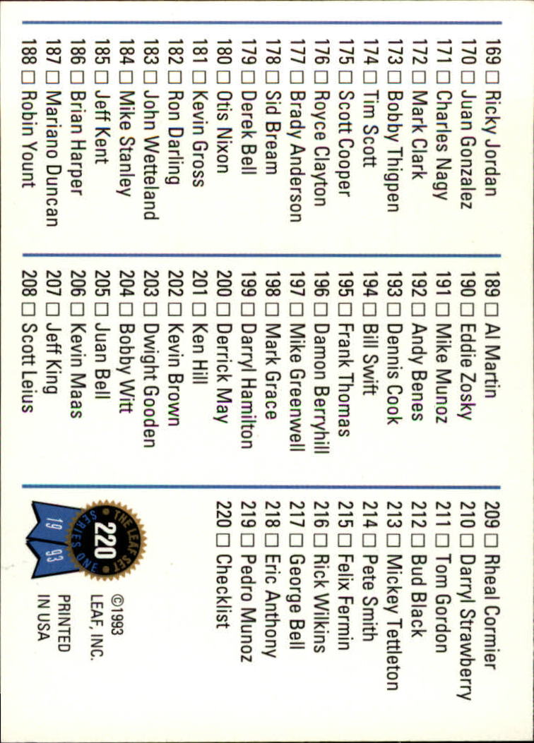 1993 Leaf Baseball "Main Set" Cards #201 to #400 - Picture 41 of 401