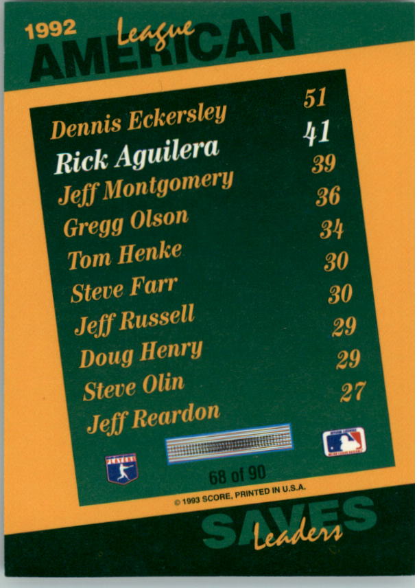 1993 Select Stat Leaders #68 Rick Aguilera back image