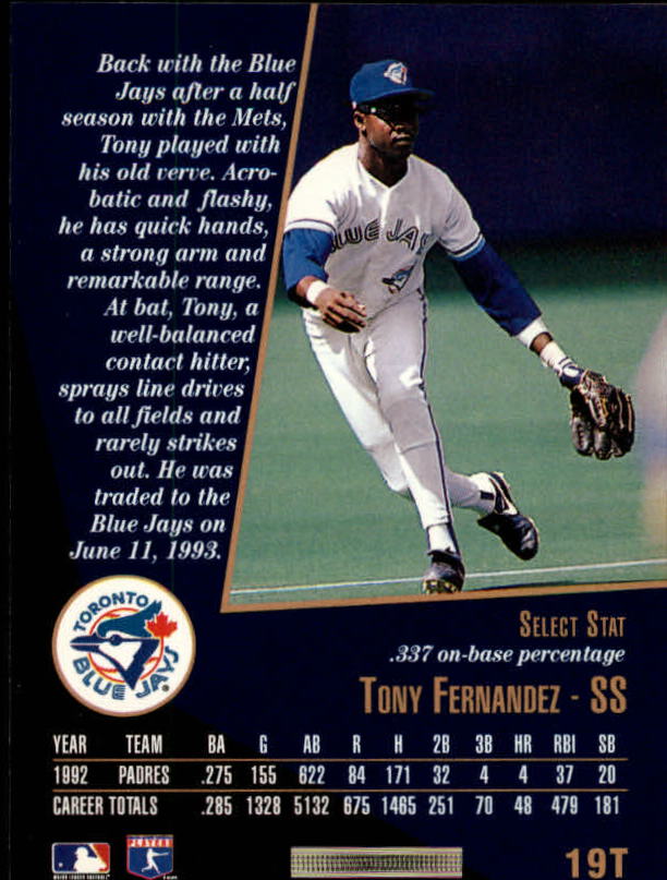 1993 Select Rookie/Traded #19T Tony Fernandez back image