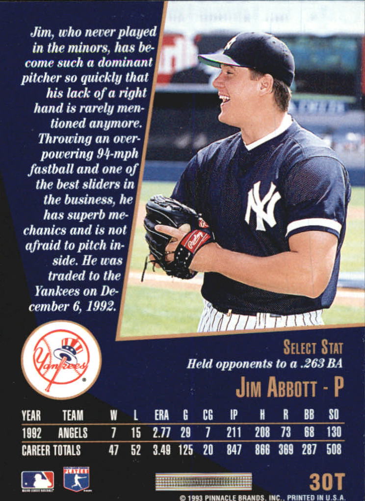 1993 Select Rookie/Traded #30T Jim Abbott back image