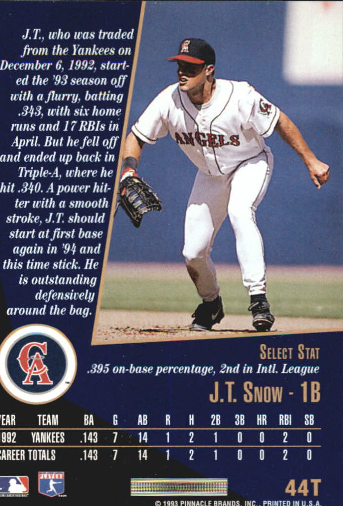 1993 Select Rookie/Traded #44T J.T.Snow back image