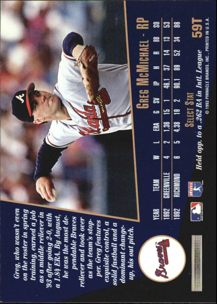 1993 Select Rookie/Traded #59T Greg McMichael RC back image