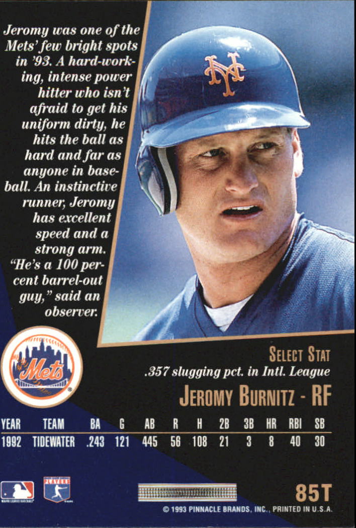 1993 Select Rookie/Traded #85T Jeromy Burnitz back image