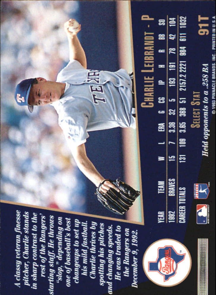 1993 Select Rookie/Traded #91T Charlie Leibrandt back image