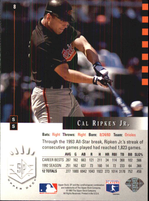 1993 SP #8 Cal Ripken AS back image