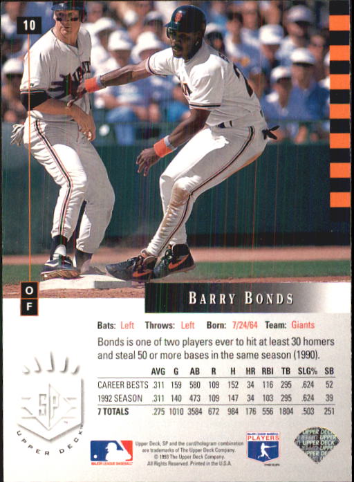 1993 SP #10 Barry Bonds AS back image