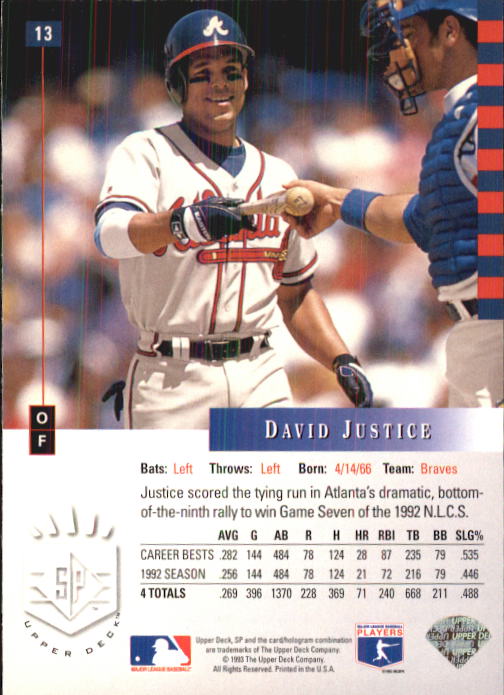 1993 SP #13 David Justice AS back image