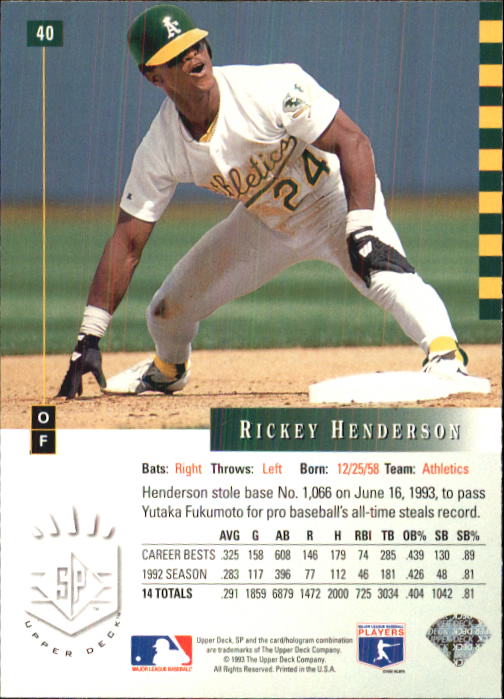 1993 SP #40 Rickey Henderson back image